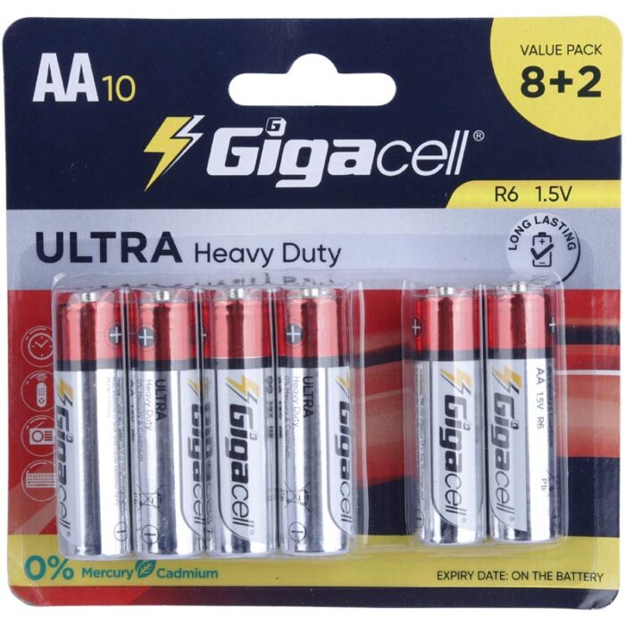 GIGACELL ULTRA HEAVY DUTY R6 1.5V AA BATTERY PACK OF 8+2